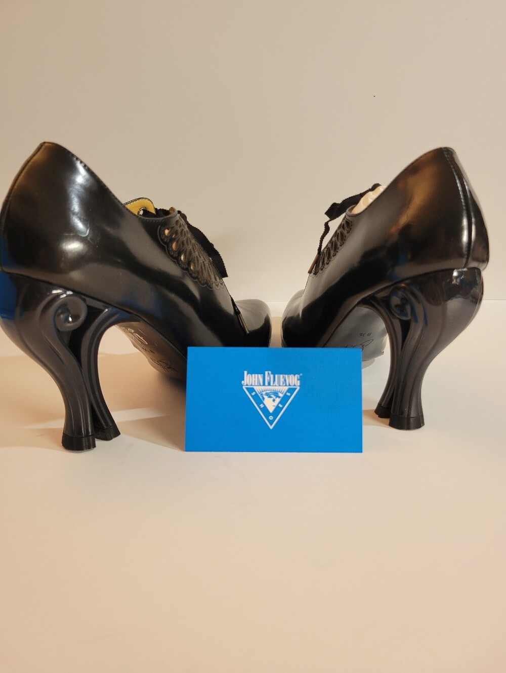 John Fluevog Estella Black Leather Lace-Up Heels - Size 9.5 NEW